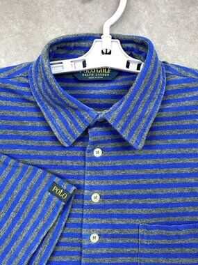 POLO GOLF  Ralph Lauren Stretch Lisle Polo Shirt Mens M Blue Gray Striped PIMA